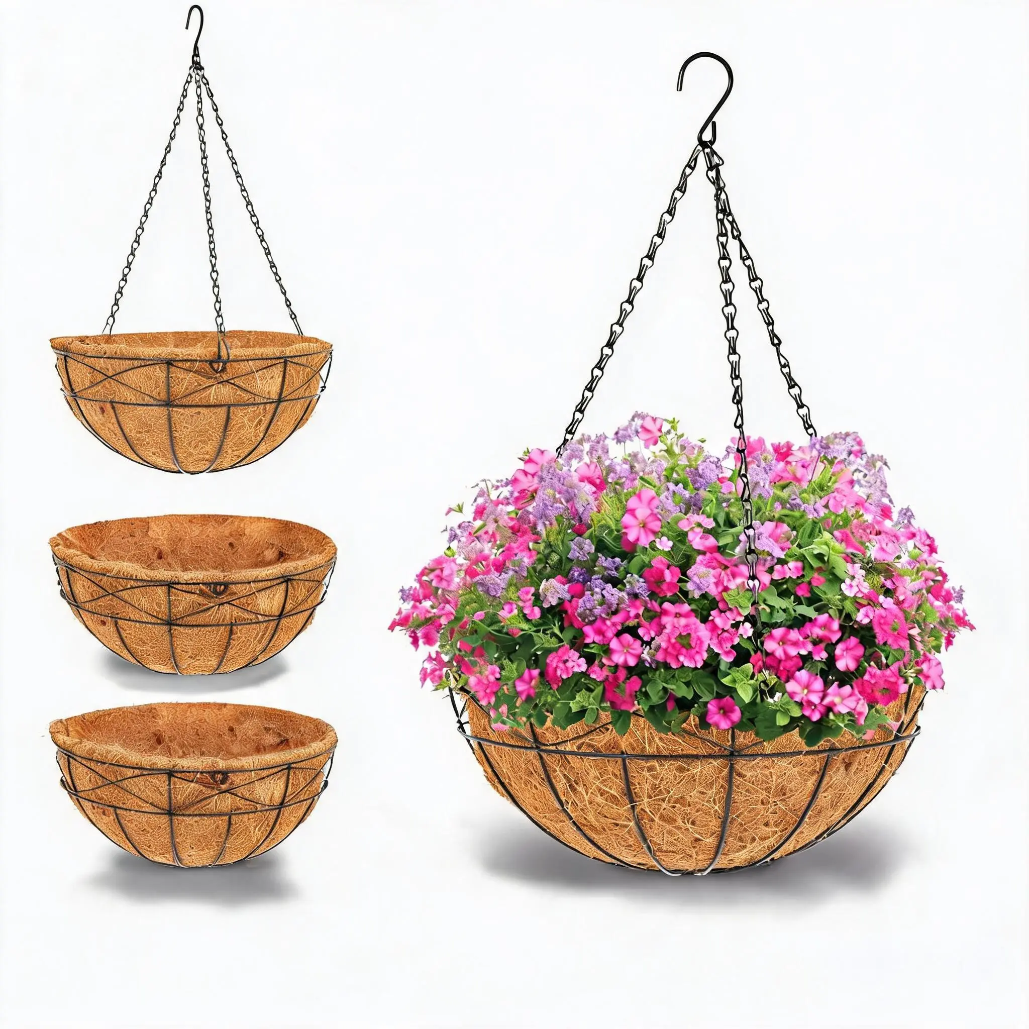 Durable Metal Hanging Planter Basket with Coco Liner, Round Flower Pot for Porch, Balcony, Garden, Patio, Ideal for Indoor & Outdoor Plants, Easy to Install