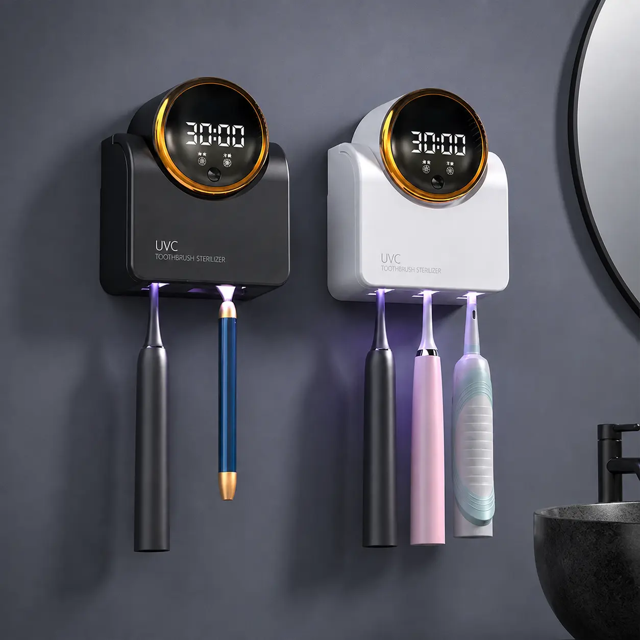 UVC Toothbrush Sterilizer & Dryer Wall Mounted, 3-Slot Electric Toothbrush Holder with Warm Air Drying, Auto Sanitizing, Digital Timer, Cordless Long Battery Life, Fits Manual & Kids Toothbrushes for Bathroom Sterilizing Mount