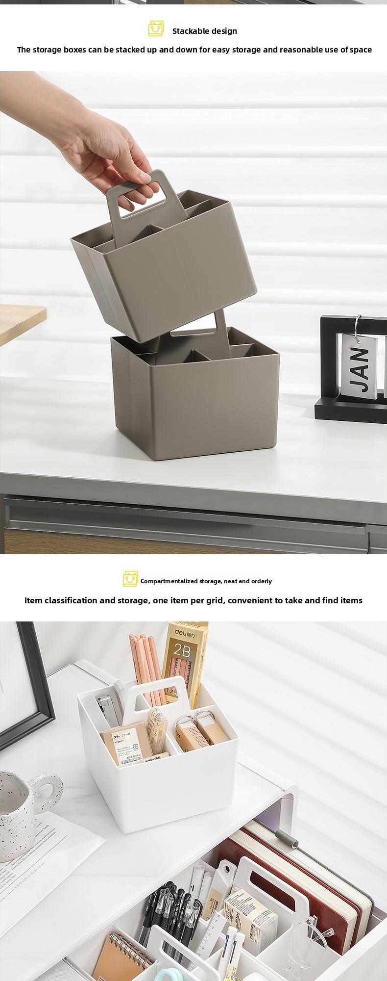 Desktop storage basket with handle, office supplies organizer, compartmented large-capacity stationery and miscellaneous small items storage box