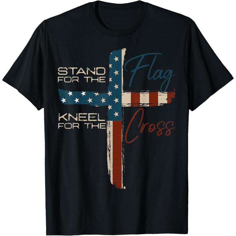 Men's Short-Sleeve USA Flag Christian Faith T-Shirt - Light, Casual Streetwear Style for 4th of July Religious Quote Fans, Shortsleeve