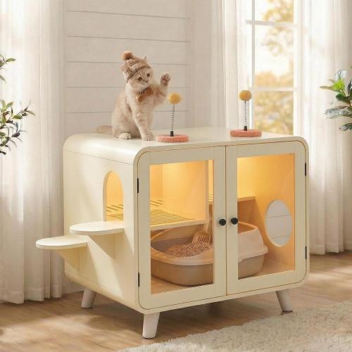 [Bellemave]Cat Hidden Litter Box Enclosure with RGB LED Light, Cat House with Stairs and Cat Pom-pom Toys for Fun, Cat Washroom Cabinet with Litter Leak Walkway and Glass Doors for Better View,White
