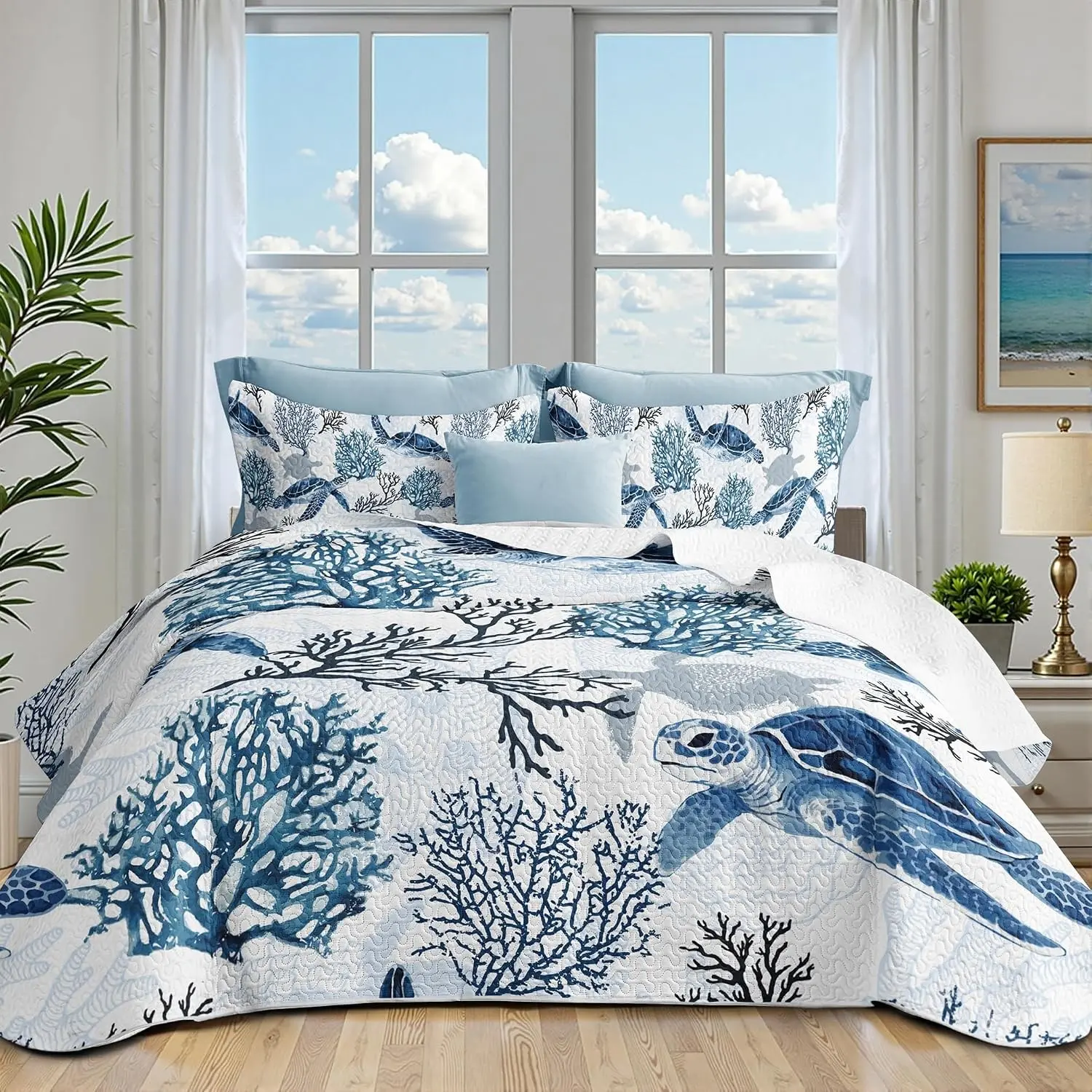 Coastal Bedding California King Size Coastal Quilt with 2 Shams, Nautical Beach Comforter Sets Ocean Bedspreads Blue Seaturtle Coverlet Summer Bedding, 106''x118''