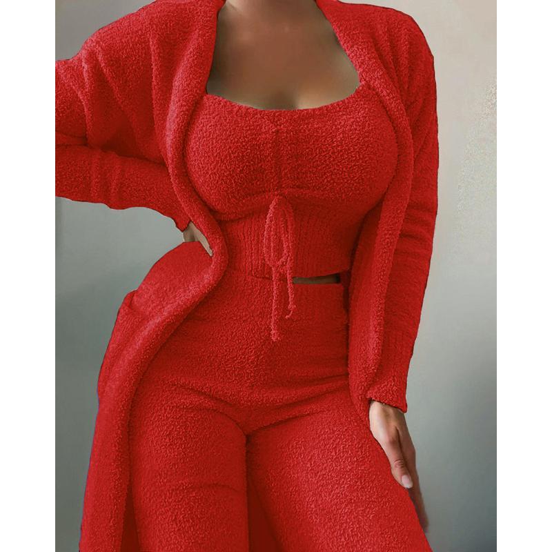 Women's Cozy Plush Loungewear Set Autumn Winter Solid Color 3-Piece Lace-Up Leisure Pajama Set for Home & Lounge Long Sleeve Minimalist Nightwear Fabric Womenswear Cardigan Matching Pants Top Homewear Pjs Basic Casual