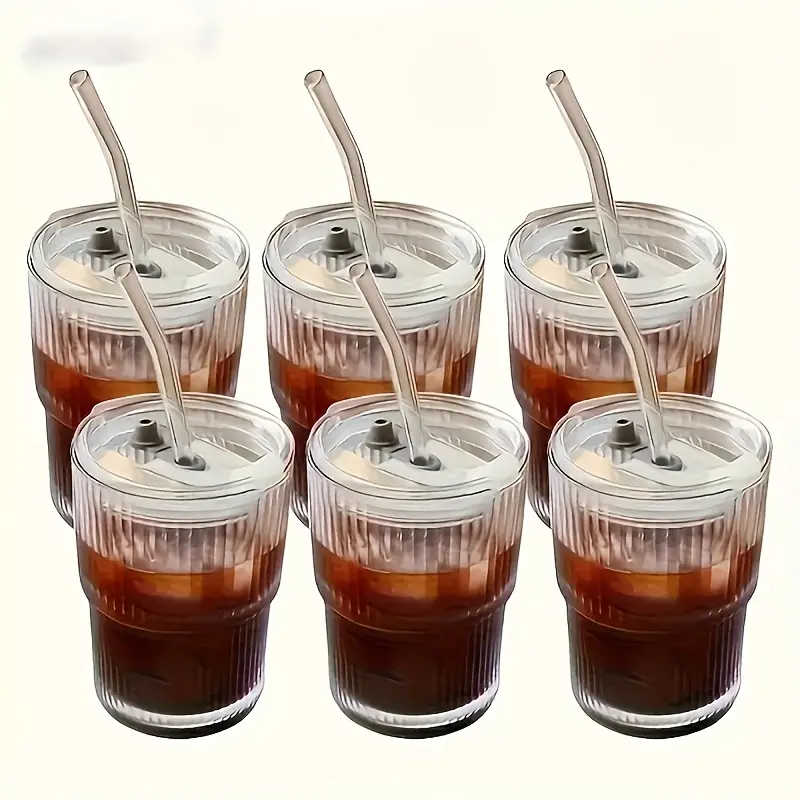6 Pack Glass Cups with Lids and Straws Reusable Drinking Glassware Dishwasher Safe for Iced Coffee Tea Juice Water Milkshake