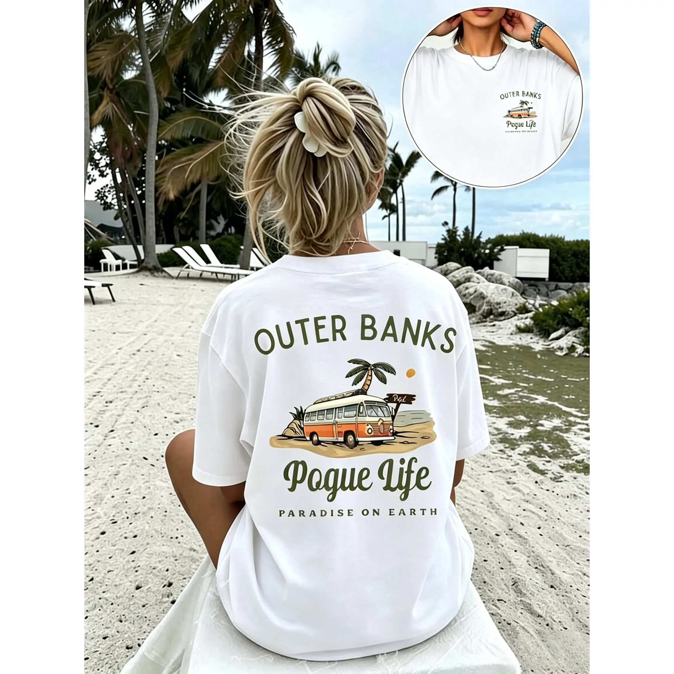 Outer Banks Pogue Life Vintage Bus Double Sided T-Shirt Loose Fit Retro Style Oversized Short Sleeve Summer Beach Tee