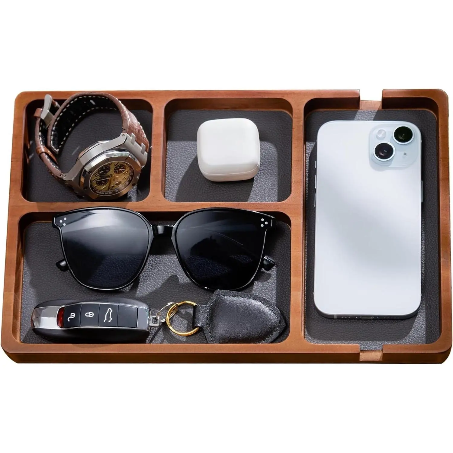Wooden Valet Tray for Men with Leather Inlay - Nightstand EDC Catchall Organizer for Keys, Phone, Wallet, Watch, Earbuds - Bedside Desk Entryway Tray (Wood)Gift