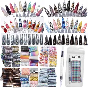 Nail Art Transfer Foils 60 Pieces Mixed Designs Dried Flowers Iridescent Animal Print Marble Checkered Patterns 1Pc Nail Art Engraving Silicone Pen 7.87 x 1.57 inches