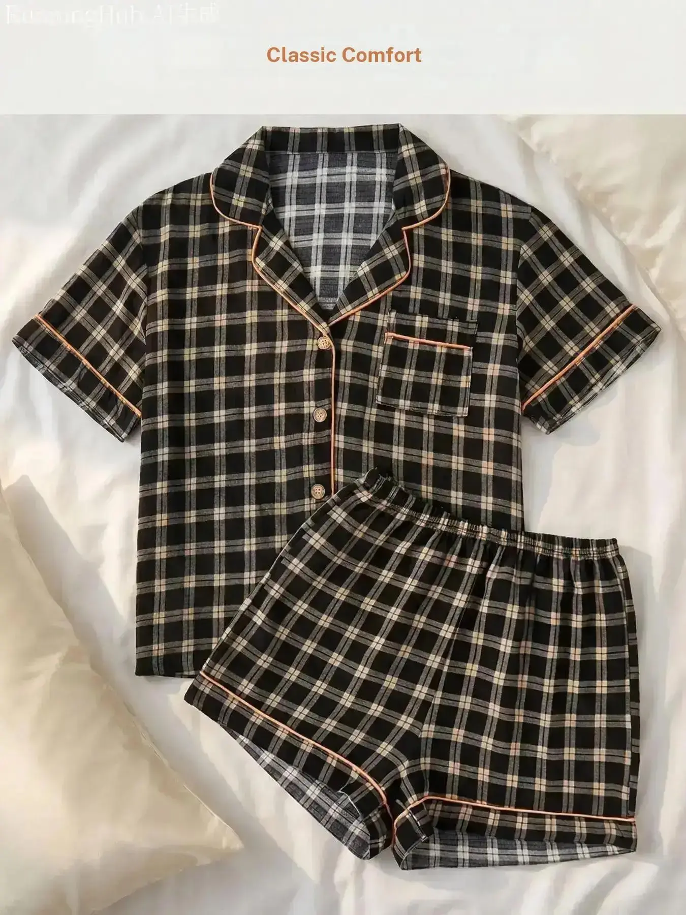 Two-piece women's pajamas set, featuring a Plaid pattern print for outer wear, with soft fabric, comfortable lapel button short-sleeved top and loose elastic shorts, a two-piece set of home wear for women
