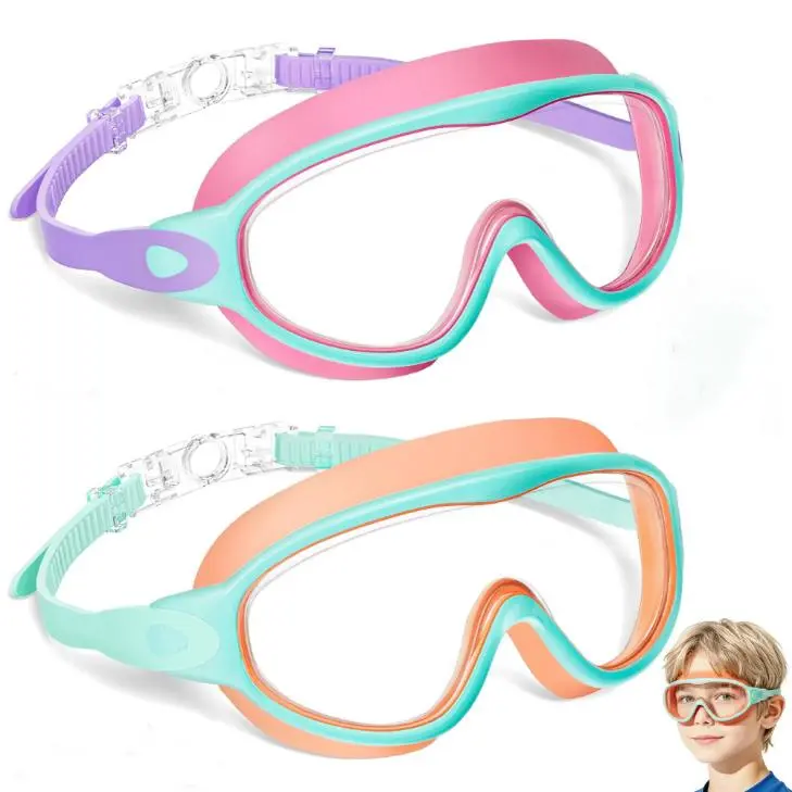 Kids Swim Goggles 2 Pack, Leak Proof Silicone Frame with Adjustable Straps, Anti-Fog and Scratch Resistant Panoramic Lenses with UV Protection for Ages 3-15, Eye-Friendly Swimming Goggles, Adjustable Swim Swimming Goggles