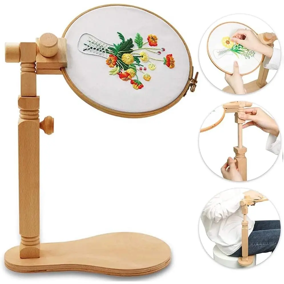 Rotated Lap Embroidery Hoop Stand, Easy to Use Natural Beech Wood Embroidery Hoop Holder, Hands-Free Cross Stitch Stand for Art Craft Sewing Needlework Projects