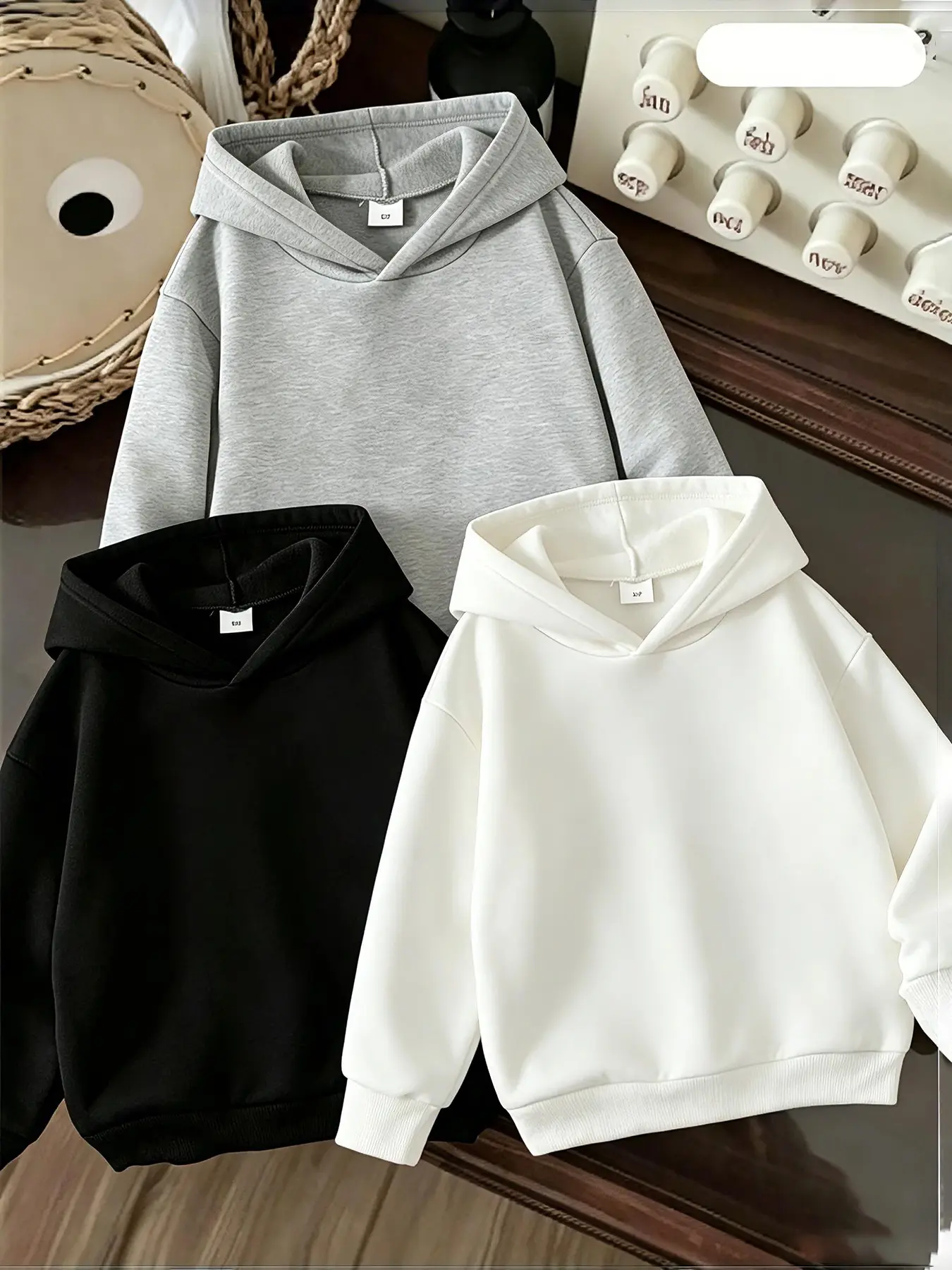 Solid Color Hooded Sweatshirt, Unisex Kids Spring Fall Basic Pullover, Loose Fit Drawstring Neckline, Casual Streetwear Style
