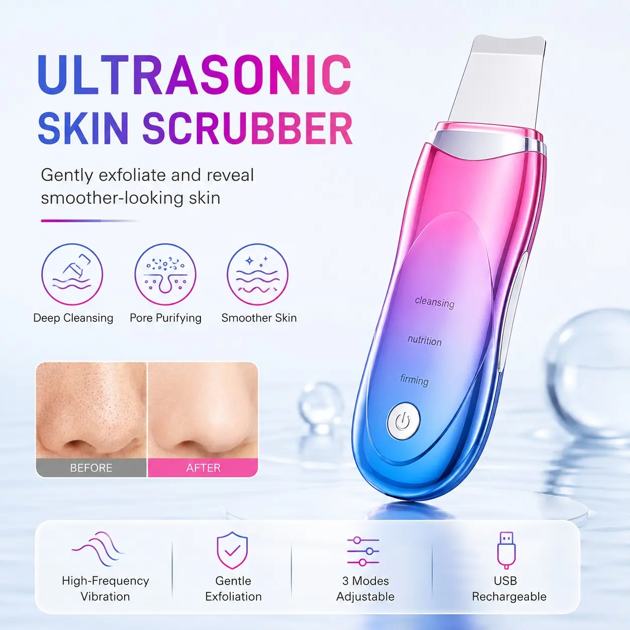 Ultrasonic Skin Scrubber, Portable Pore Cleansing Tool, USB Rechargeable, Deep Facial Cleansing, Home Skincare Routine, Men & Women