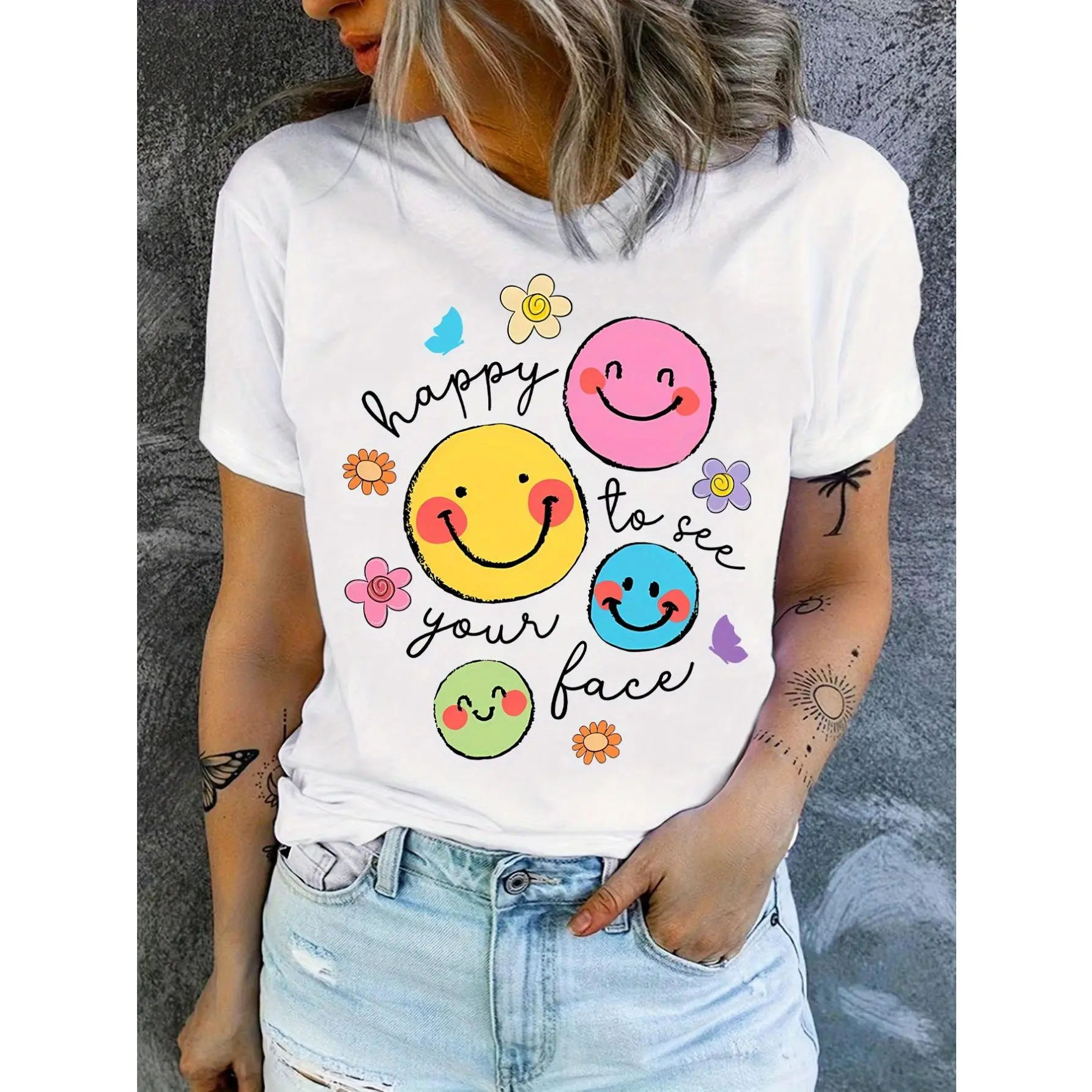 100% CottonFunny Cartoon Joyful Face Printed T-Shirt, Back to Teacher T-Shirt, Happy to See Your Face T-Shirt, Teacher Life T-Shirt, Teacher Appreciation Gift, Teacher's Day Gift