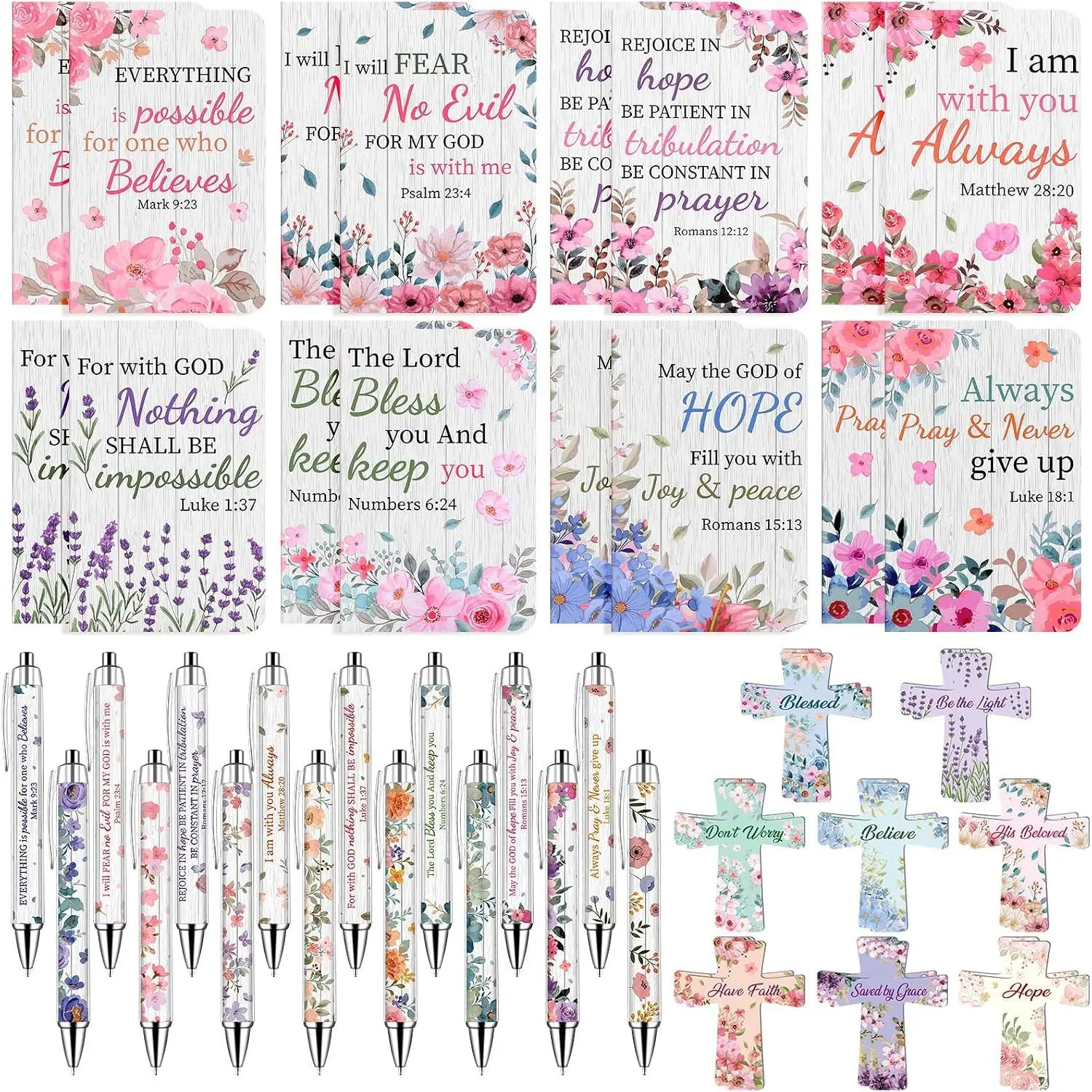48 count Flower  Verse Pens with Notebooks Christian Gifts for Women | Religious Notepad Christian Ballpoint Pen  Bookmarks Church Party Favors for Colleagues Coworker Office School Supplies
