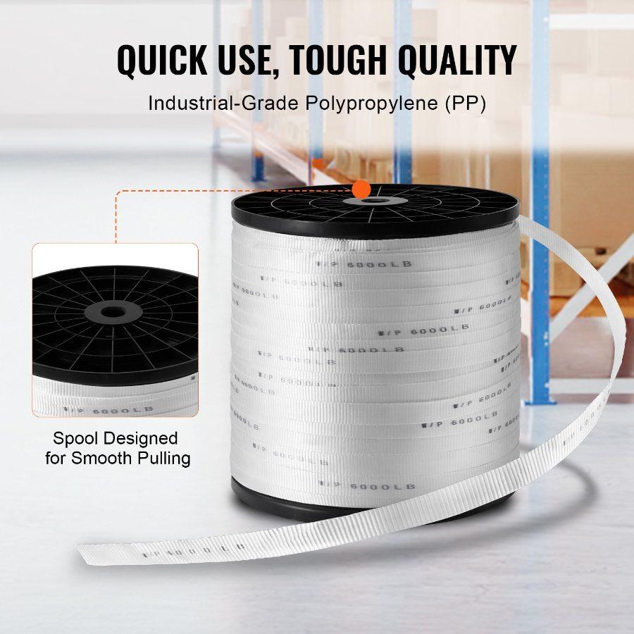 VEVOR Polyester Pull Tape, 1x 2103' Mule Tape Flat Rope, 6000 lbf Tensile Capacity, Printed Webbing Cable Pulling Tape for Packaging, Gardening, Commercial Electrical, Conduit Work, White