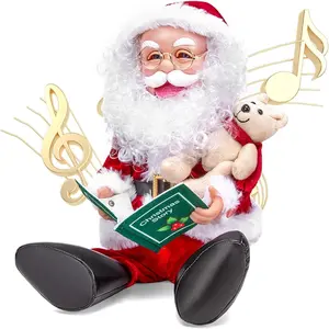 Santa Claus Christmas Animated Decoration Storytelling Plush Figurines, Talking Santa Christmas Animatronic Collectible Decor with Book, , Mouth Move, Cute Xmas Sitting Figure  for Indoor