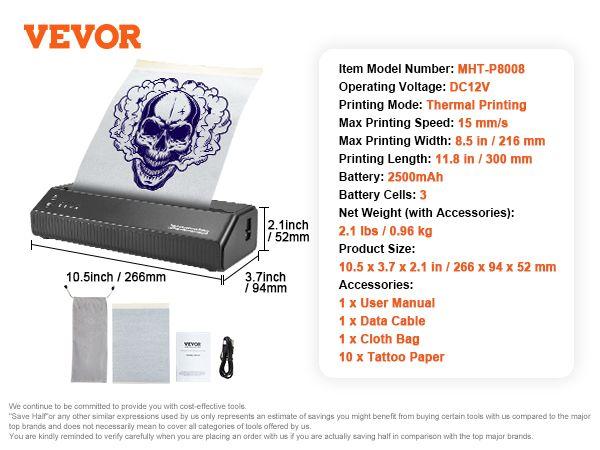 Tattoo Stencil Printer, Wireless Bluetooth Tattoo Printer Transfer Stencil Machine with 10Pcs Transfer Paper, Compatible for iOS&Android Phone, iPad&PC (with Storage Bag)