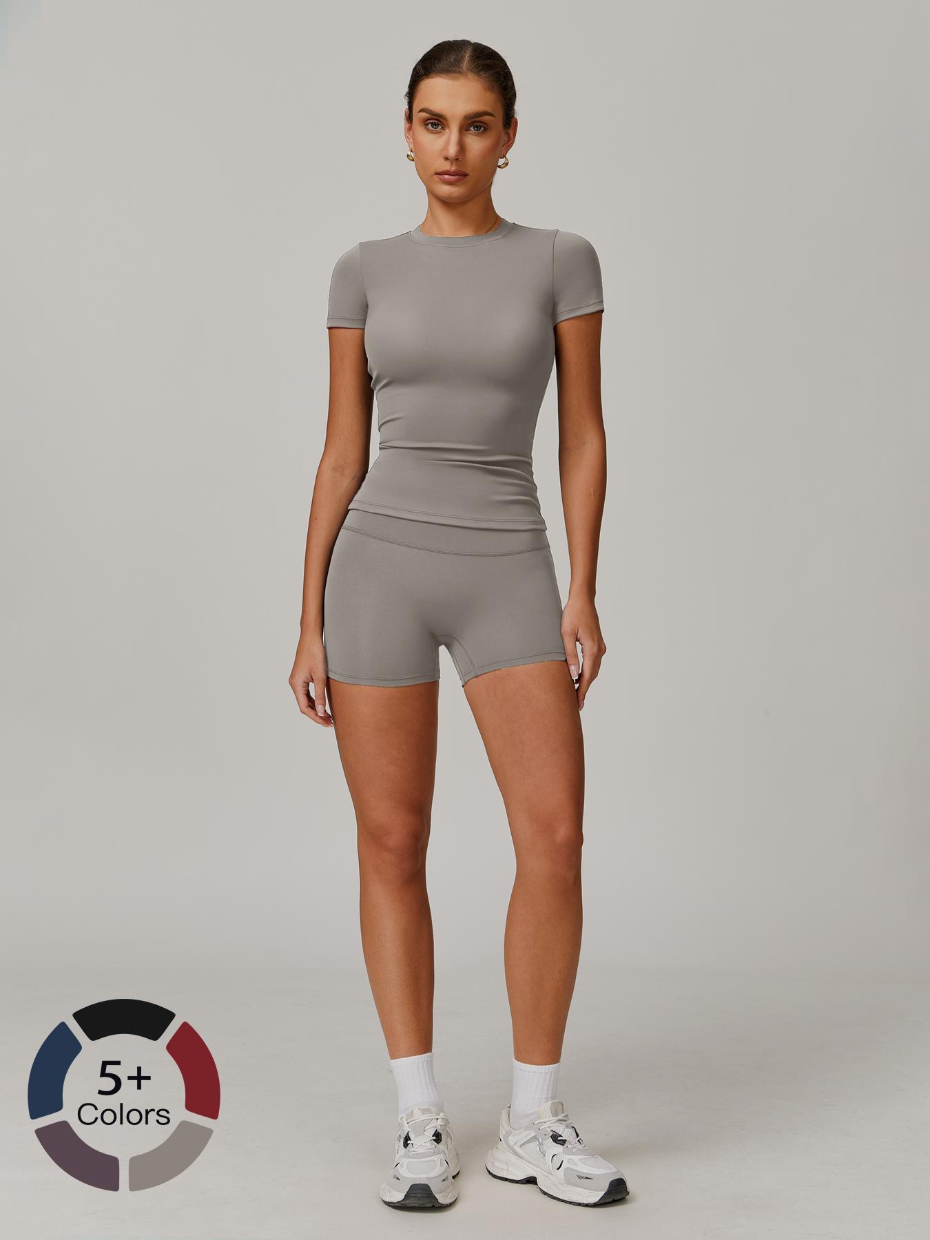 Women's Solid Ribbed Crop Tee & High Waist Shorts Set, Quick Drying for Yoga Gym Workout Running, Ladies Sportswear for All Seasons, Workout Sets Women, Women Workout Clothes, Fitness Clothing, Casual Activewear, Fitness Summer Bottoms