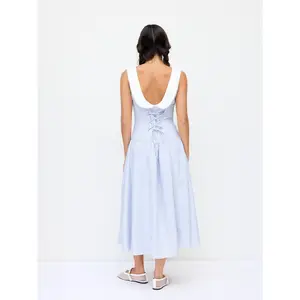Cider Linen-Blend Sculptural Striped U-neckline Lace up Backless Maxi Dress Dealsforyou