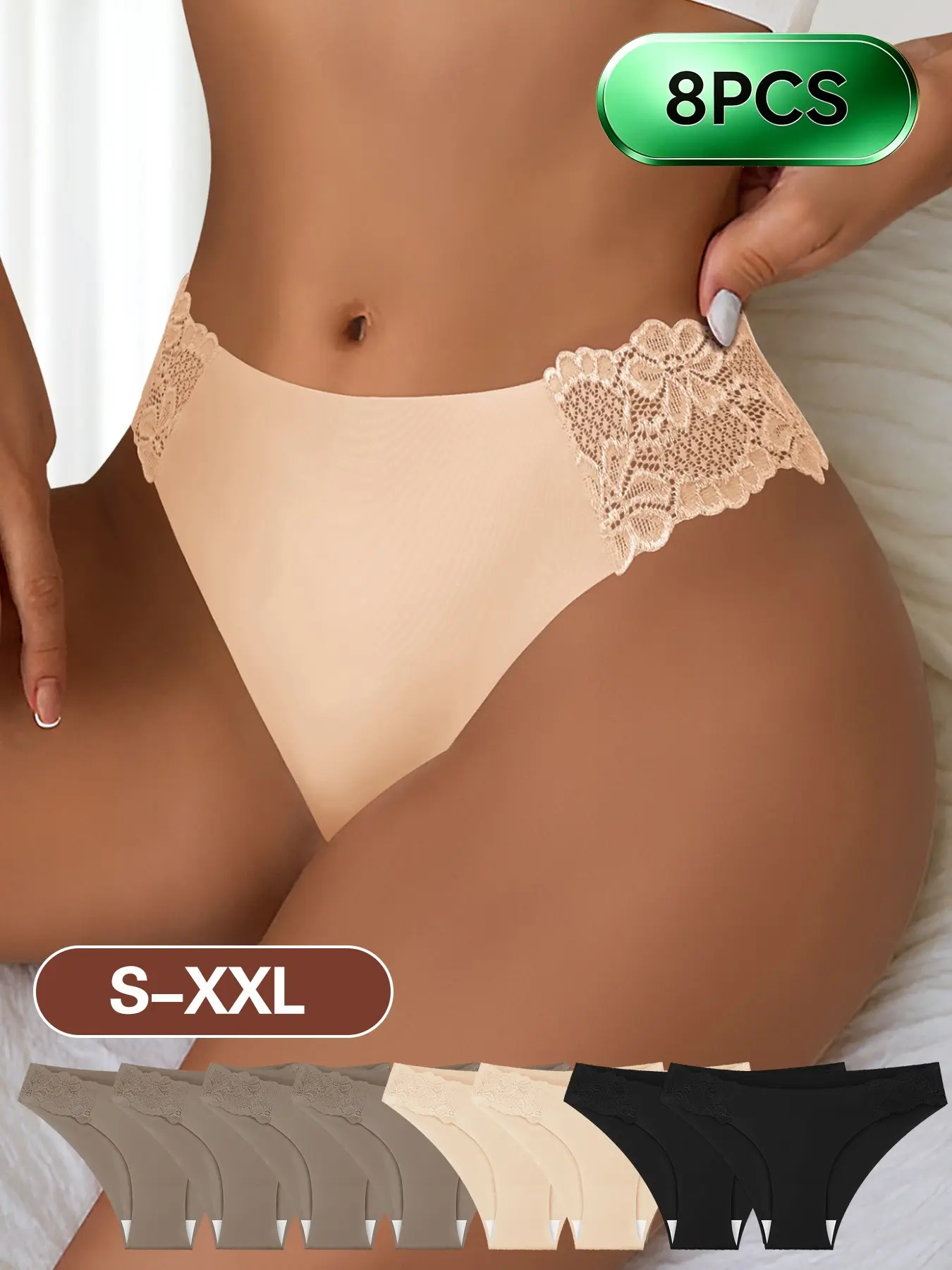 8pcs Women's Invisible Seamless Thong Underwear, Smooth Lace Edge Bikini Panties, Breathable Comfort, Ideal for Dates and Daily Wear