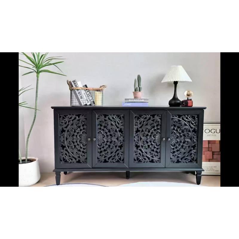 60" Antique Buffet Cabinet with Floral Carvings with Solid Wood Legs&Antique Brass Handles&Adjustable Shelves, TV Stand for 65''+ TV, Sideboard for Living Room,Dining Room (Black)