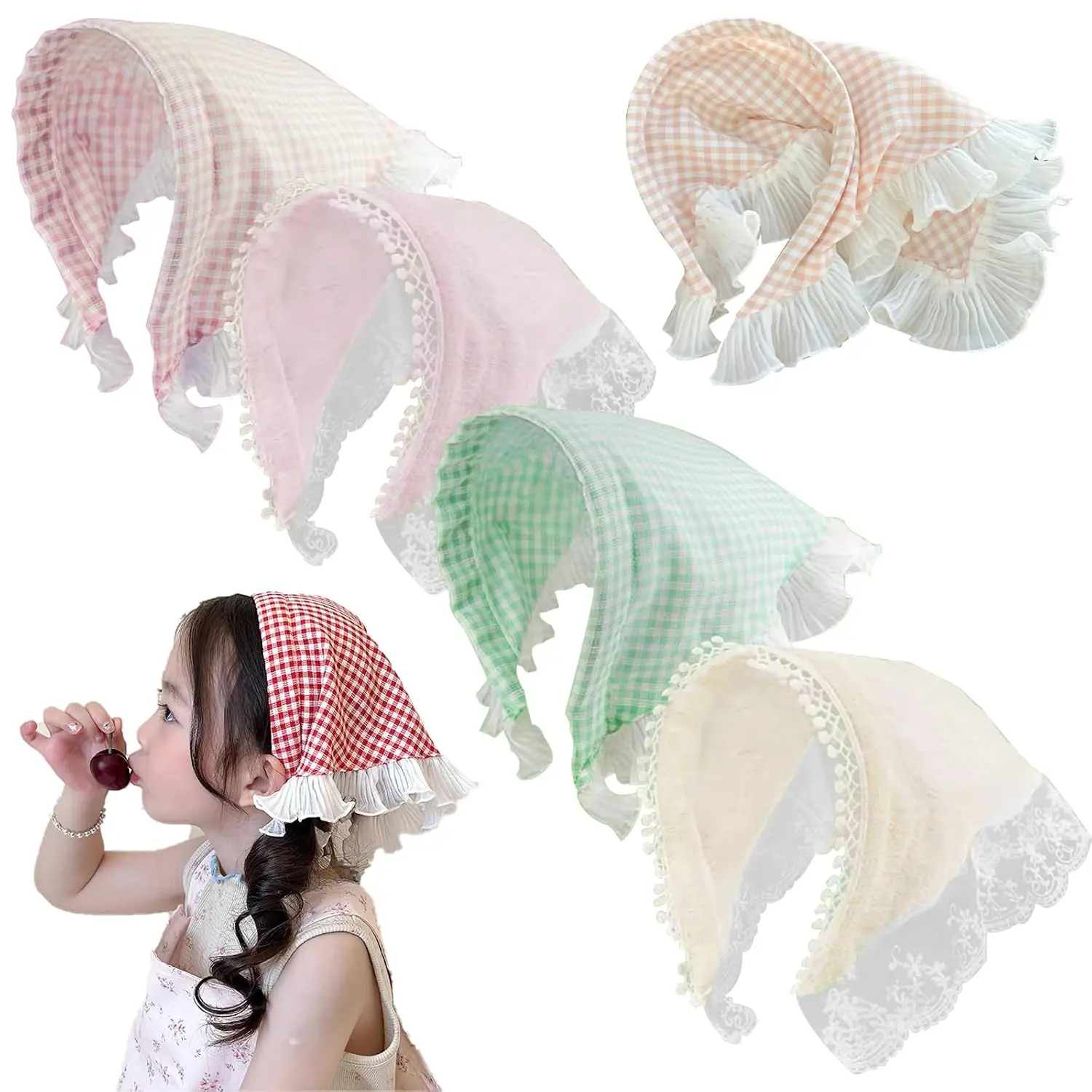 4 PCS Scarf Headband Sweet Lace Hair Bandana Cute Lattice Headscarf Fashion Non-Slip Hairband Coverings Versatile Soft Triangle Bandana Turban for Thin Thick for Women Girls Hair Accessories