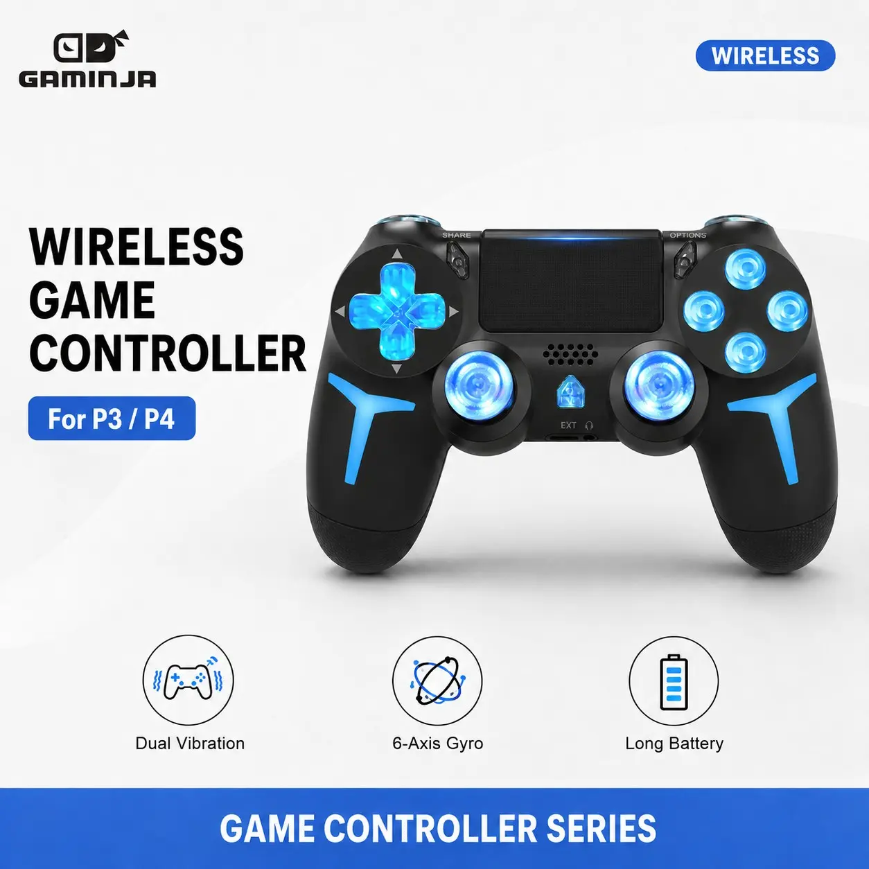 GAMINJA Wireless Game Controller For PS3/PS4/PC, RGB Lighting with Touchpad, 3D Joystick and Ergonomic Button Design, Ultimate Gaming Experience, Gamepad
