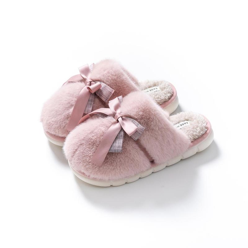 Cute Bow Soft Cotton Slippers for Women, Womens Fuzzy Fluffy Cozy Indoor Outdoor House Slippers Winter Indoor Anti-slip Thick-soled Slippers, Autumn and Winter Home-use Cotton Slippers, Warm and Comfortable Home Floor Slippers