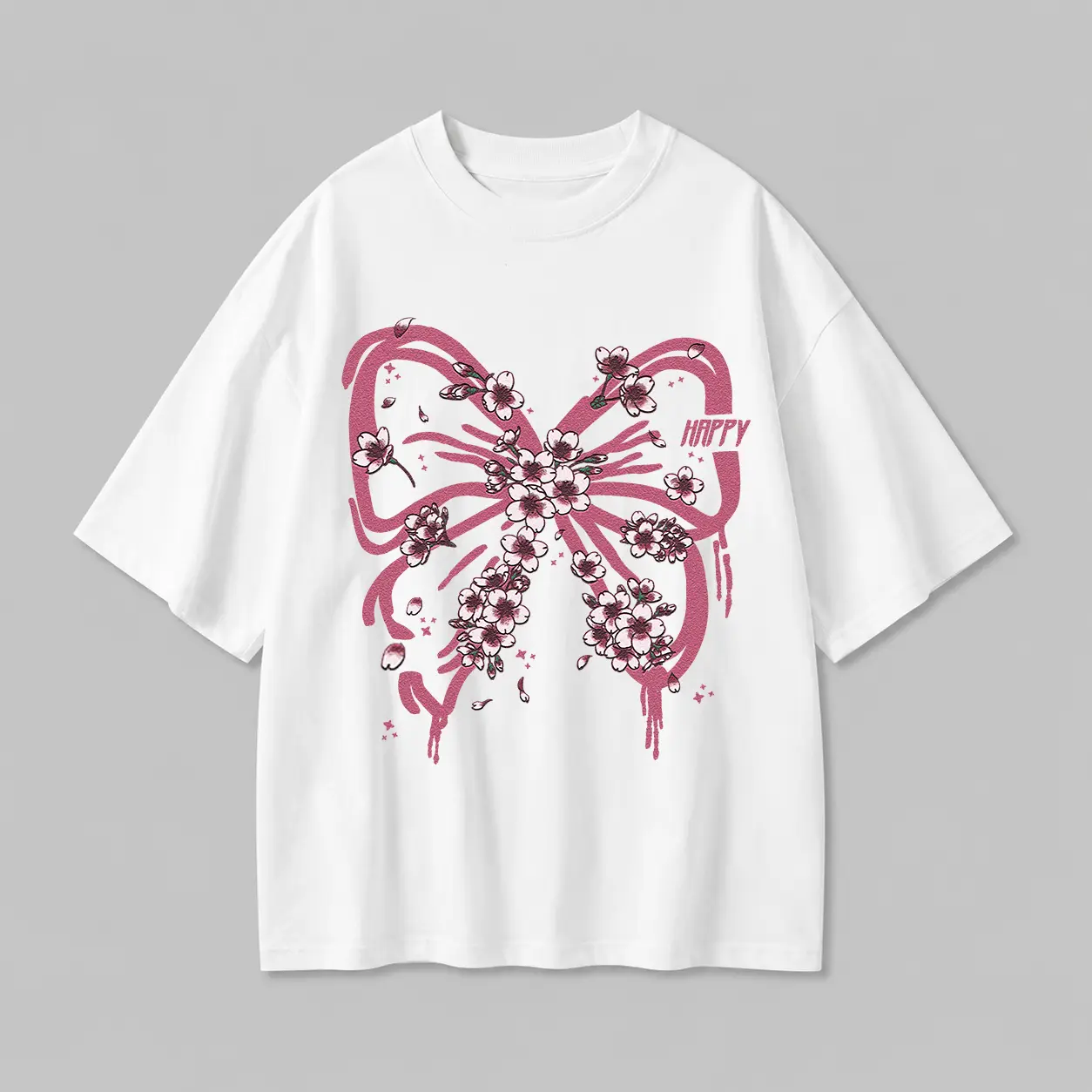 Women’s Soft Vintage Streetwear Oversized Sports Top - Baggy Loose Fit, Pink Floral Bow Graphic, Short-Sleeve, Cherry Blossom Coquette Aesthetic, Casual Check Tee