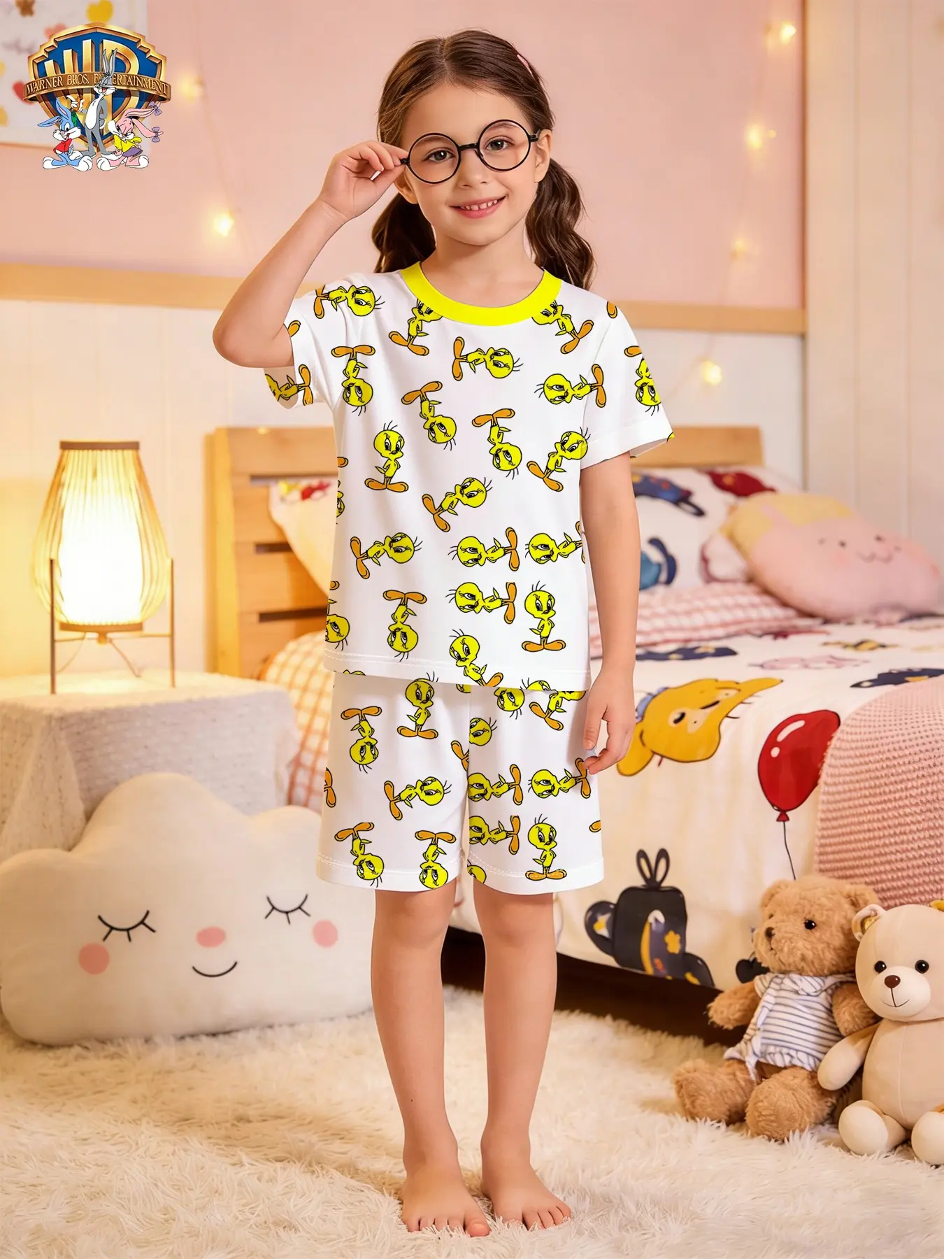 Wb Official Tweety Bird Kids Short Sleeve Pajama Set, Girls Cartoon Full Print Sleepwear, Summer Comfort Home, Sibling Matching Set