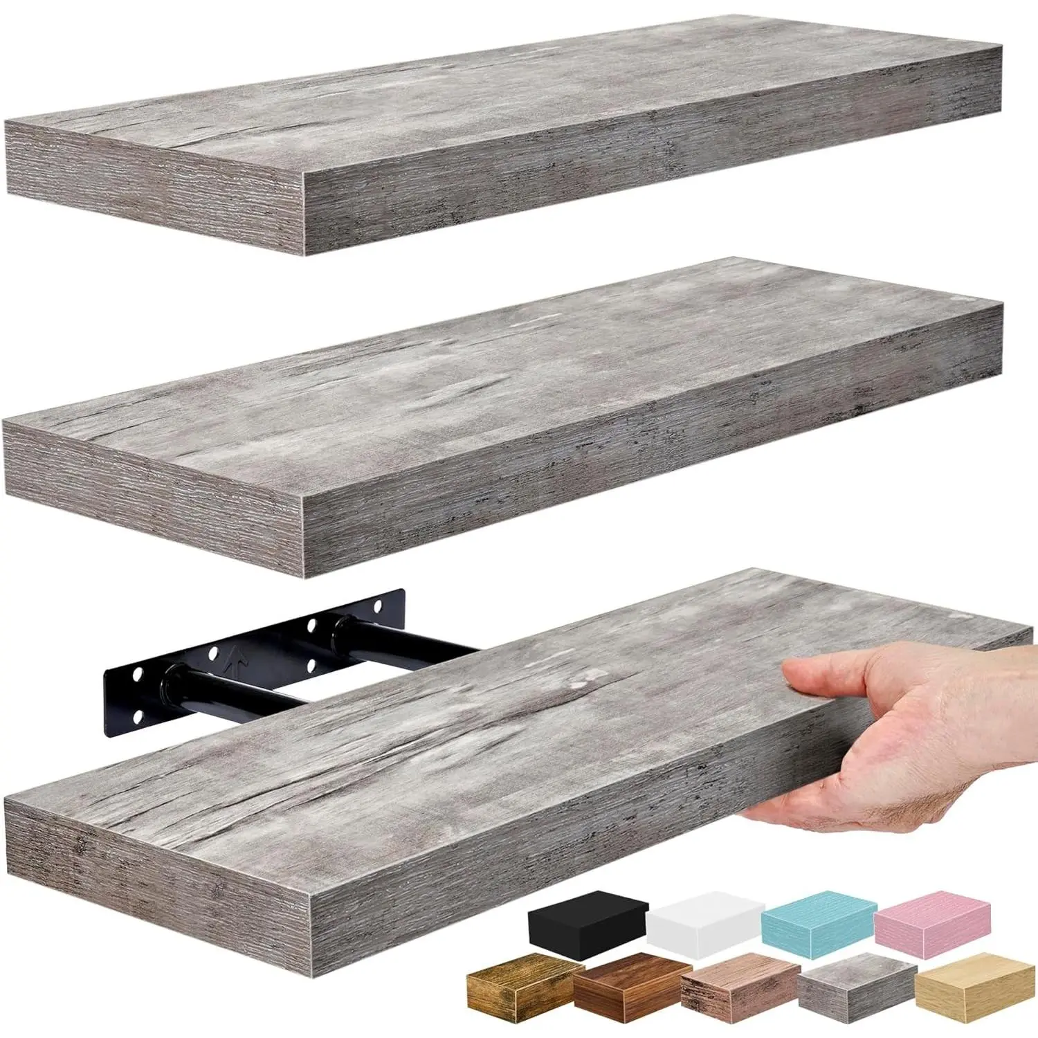 Floating Shelves for Wall – 16 Inch Floating Shelf for Kitchen, Bedroom, Living Room, Bathroom, Home & Wall Decor - Mounted Bathroom Shelves with Invisible Brackets (Grey, 3 Pack)