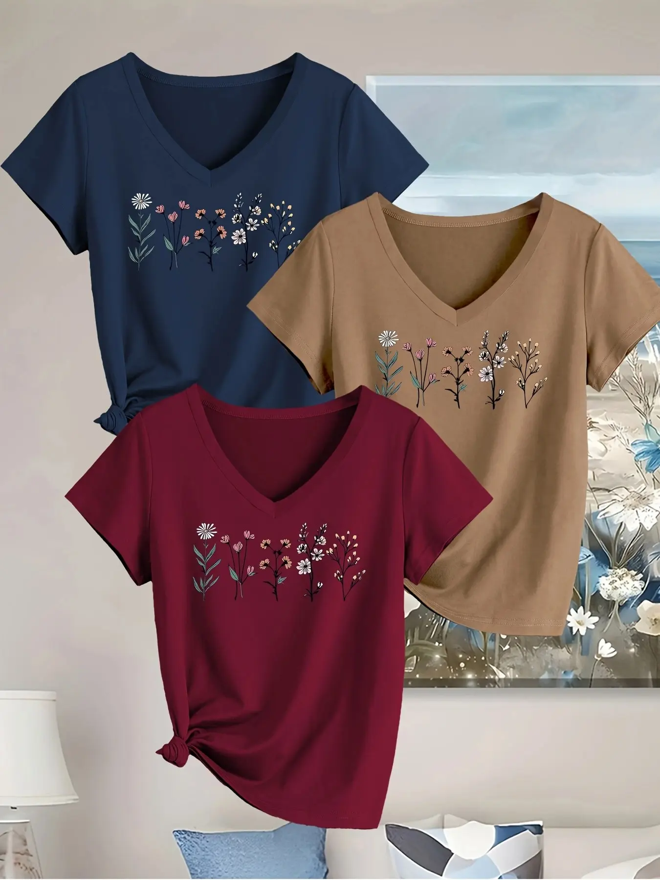 Women's V-Neck Three-Piece Set, Heart Print Floral Short Sleeve T-Shirt, Casual Sporty Top, Breathable Fabric, Daily Fashion Shirt