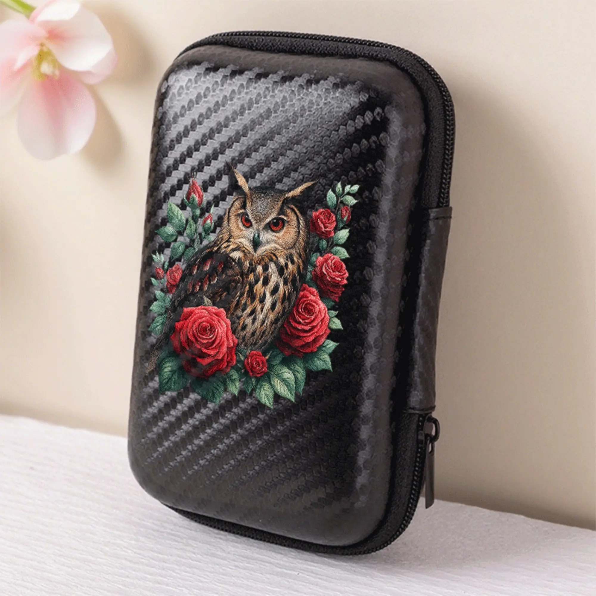 A design of nightingale in roses, essential for work and travel! This EVA storage box is designed for storing headphones, data cables, and chargers. It is compact in size and comes with a mesh pocket for easy organization of your charging cables.
