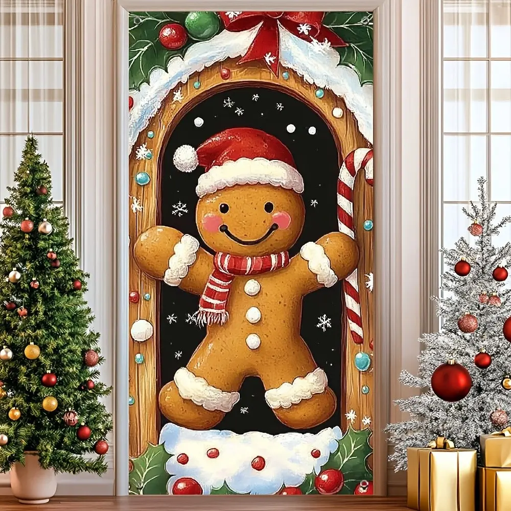Christmas Door Cover, Gingerbread Man Design, Multi-Purpose Holiday Banner, Indoor and Outdoor Use, Festive Decoration