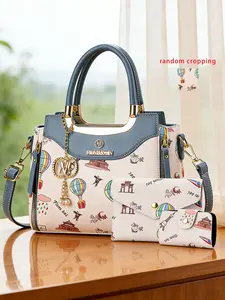 3-piece set of fun printed women's handbags, light luxury best-selling series of casual women's bags, color-block design with exquisite pendants, shoulder and crossbody bags, daily practical and versatile bags, high-quality gifts for others