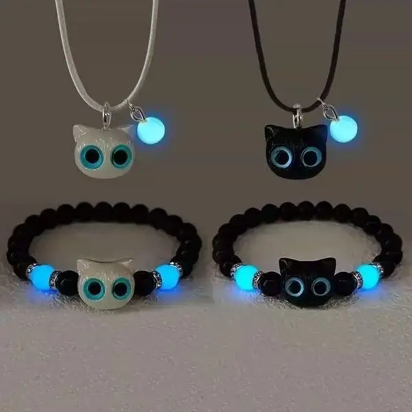 glow in the dark cat bracelet for women men fashion jewelry cute black and white beads bracelets matching couples bracelets for love friends casual wear nice gift ideas shop online right now today