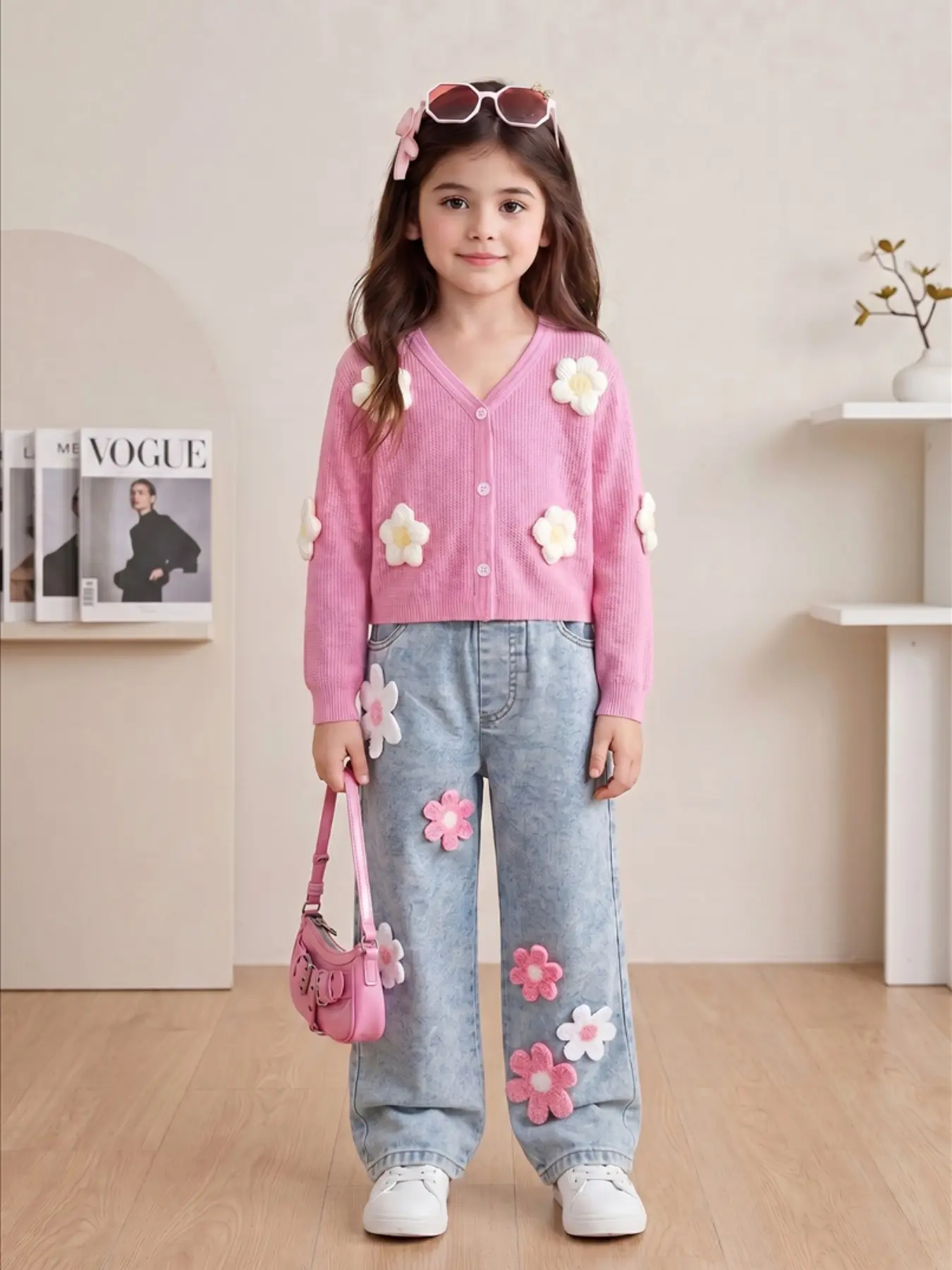 New Girls' Floral Knit Long Sleeve Cardigan Set, V Neck Button Front, High Waist Elastic, Fall Winter, Ages 4-7, Gift Idea, Cute Clothing Set