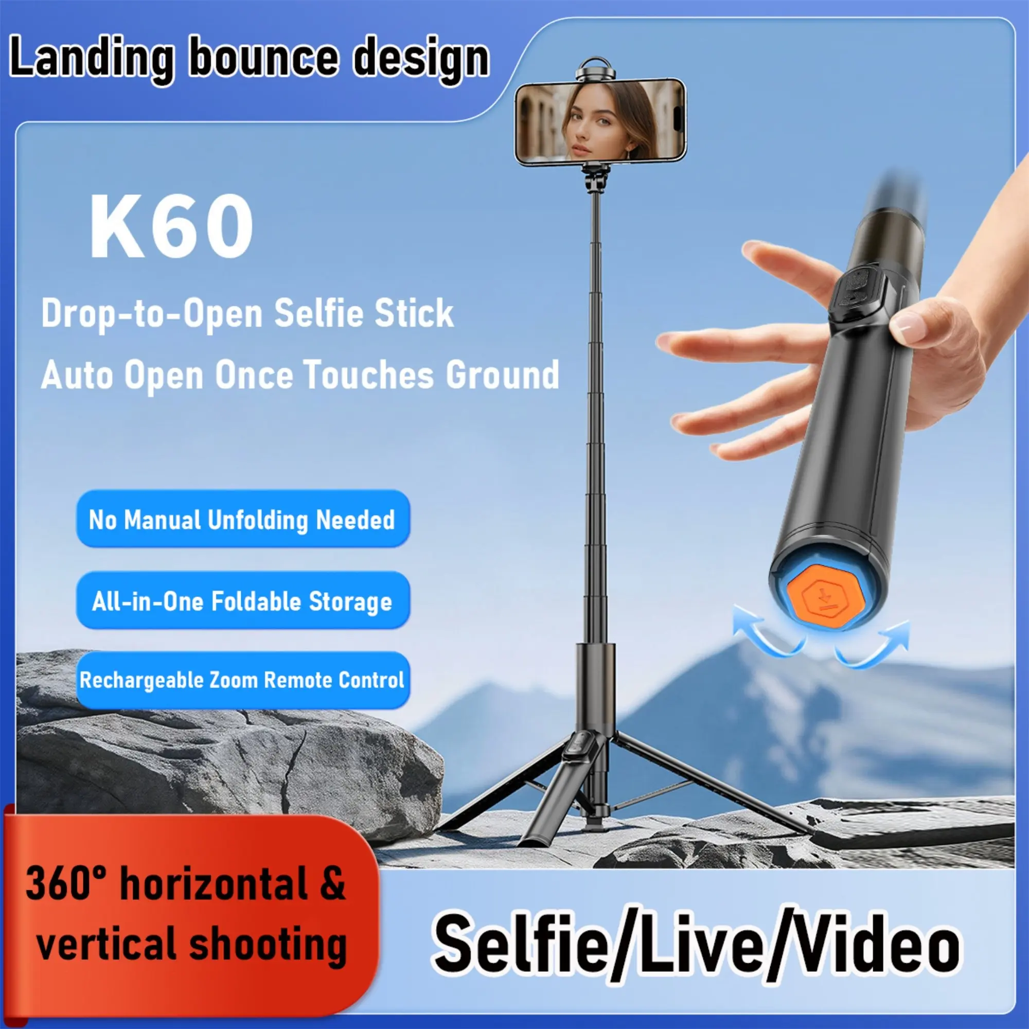 Portable Selfie Stick Tripod, Handheld Selfie Stick with Remote Control, Phone Tripod for Video Recording, Phone Accessories for iPhone & Android