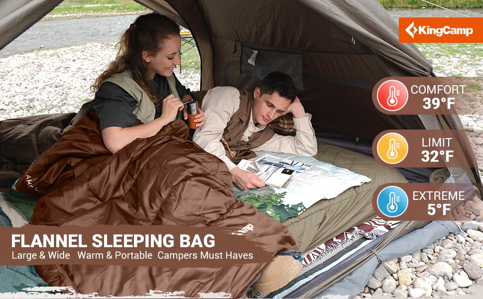 KingCamp Sleeping Bag for Adults, Cold Weather & Warm XL Big and Tall Flannel Sleeping Bags with Compression Sack Portable Waterproof Essentials Gear Accessories for Outdoor Camping