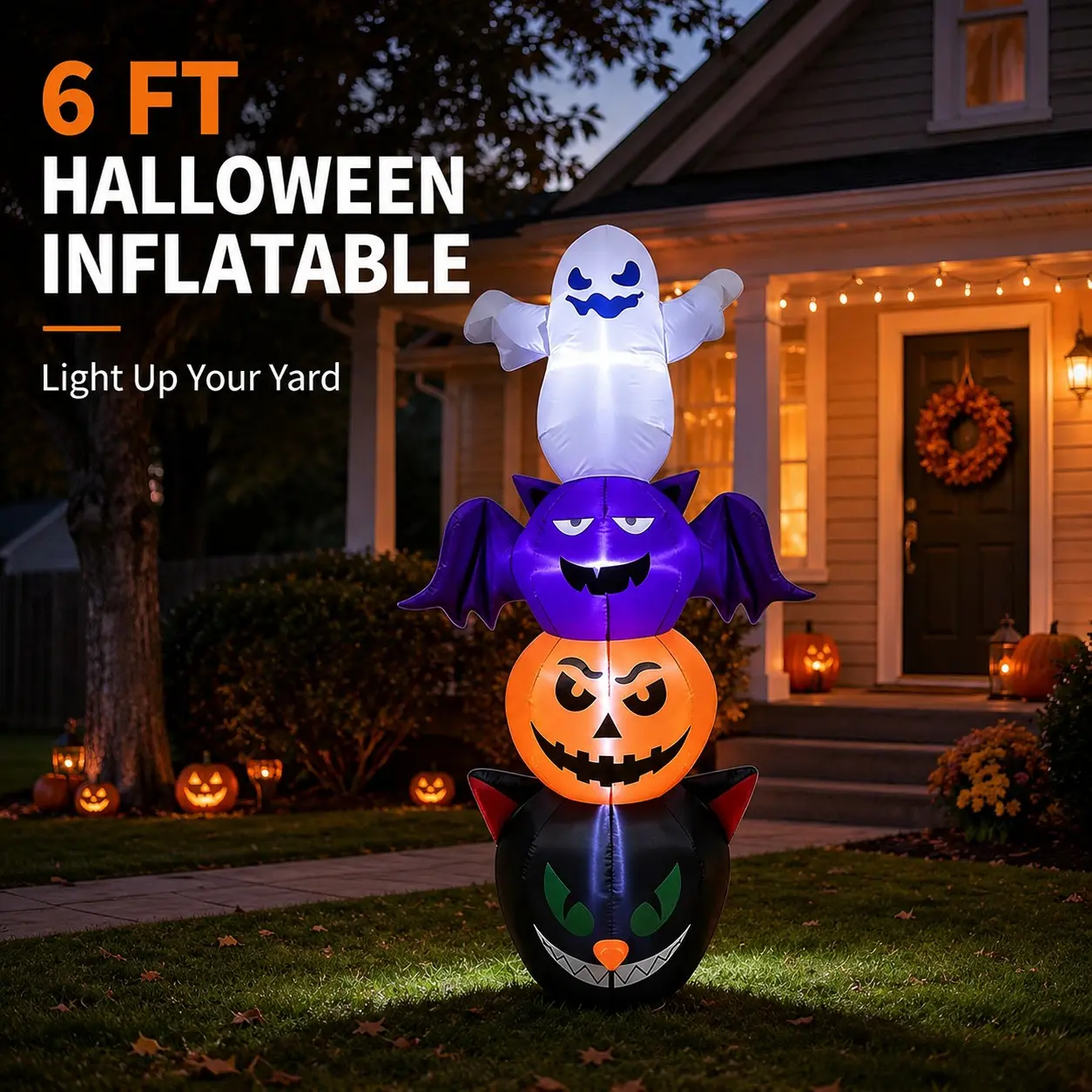 Halloween 1.8m Inflatable Ghost Bat Pumpkin Cat LED Light Outdoor Party Decor, Festival Decoration, Customizable Wholesale