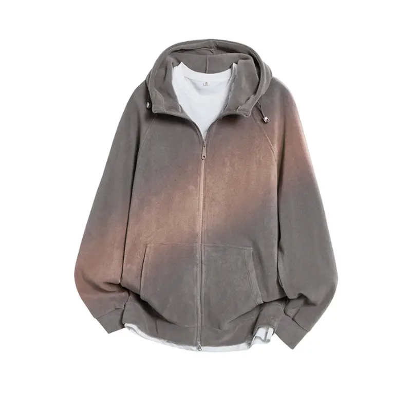 Men's Gradient Fade Full-Zip Fleece Hoodie Jacket - Adjustable Drawstring Hood, Front Kangaroo Pocket, Soft Warm Plush Fabric, Raglan Sleeve Loose Oversized Fit, Casual Autumn Winter Street Layered Outerwear, Machine Washable, Fleece Jacket, Adjustable Ho