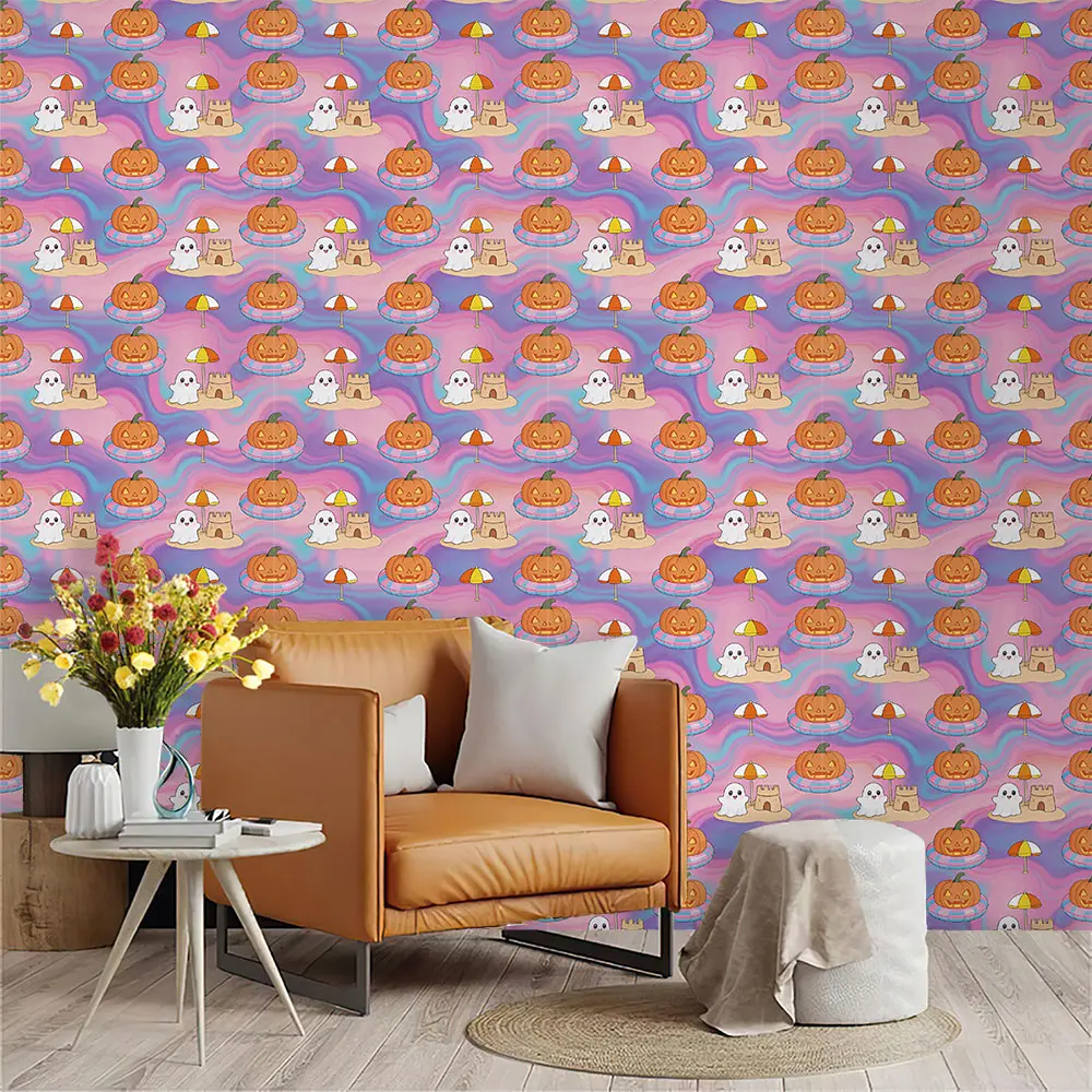 Purple Background Halloween Pumpkin Ghost Print PVC Self-Adhesive Wallpaper, Removable Decor Sticker For Home Walls & Furniture Renovation