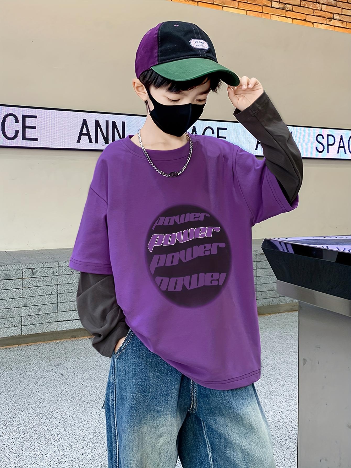 Boys' Two-Tone Long Sleeve T-Shirt - Purple & Color Block Streetwear Pullover with "POWER" Lettering, Drop Shoulder Casual Top for Spring/Fall Outdoor Sports, Spring Fall Apparel, Sporty Look, Durable Construction, Young Athletes, Streetwear Fashion