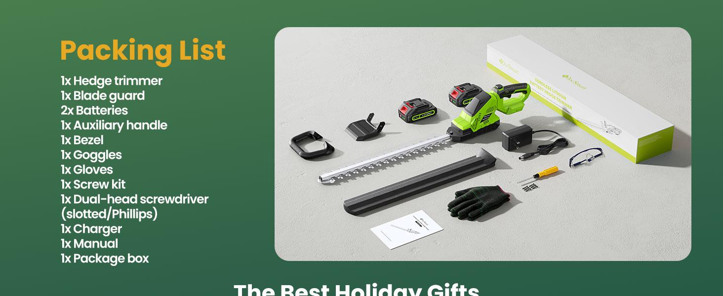 20'' Hedge Trimmer with Battery, 3000RPM Bush Clipper with 2pcs 2000mAh Batteries, 180° Rotatable Head, 2/3'' Blade Gap Green