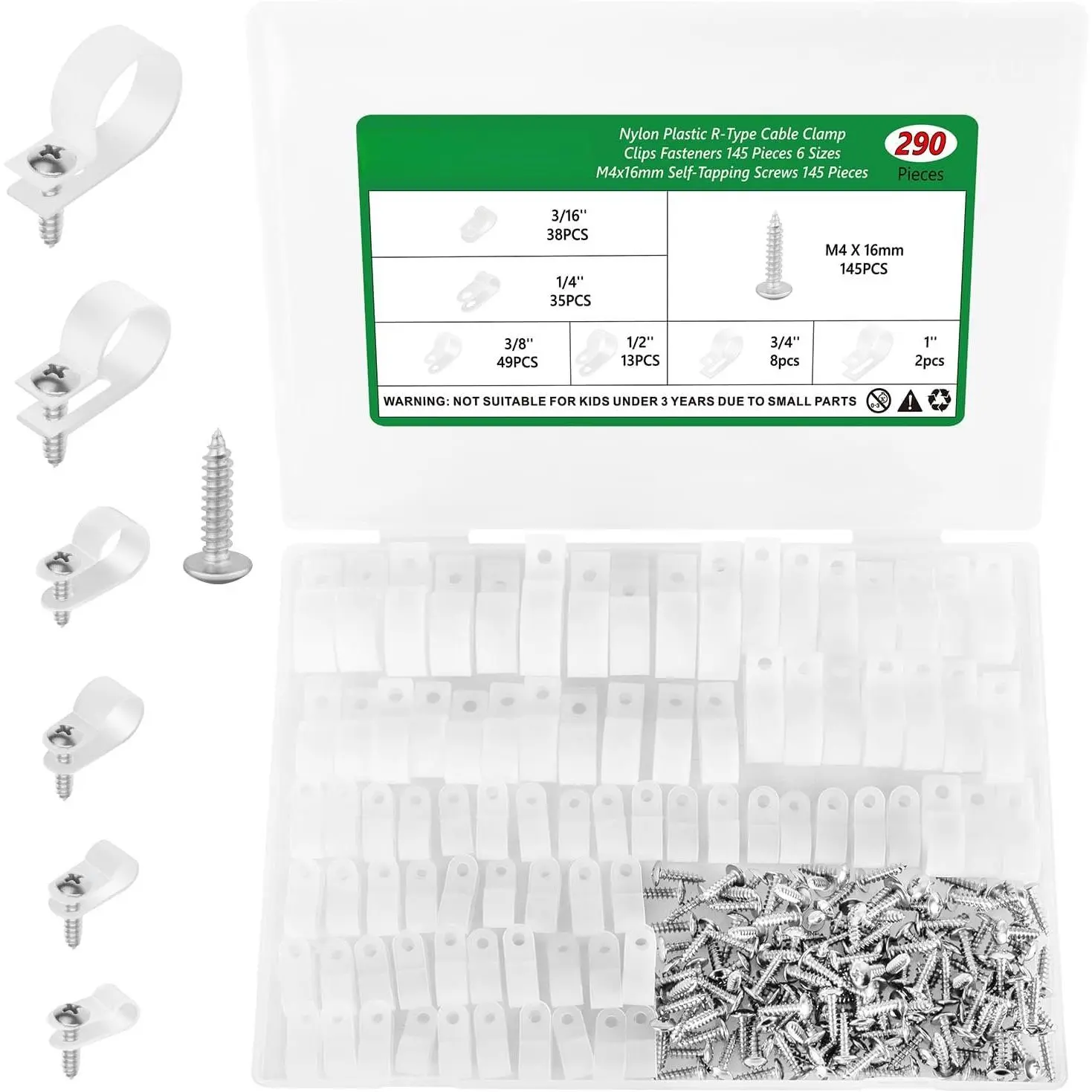 290 count White R-Type Nylon  Clamps with M4 Screws Kit |  Ductility, Fireproof, 6 Sizes (3/16'' 1/4'' 3/8'' 1/2'' 3/4'' 1''), 145 count M4 Screws, for TV/PC/AC Cables & Wires.