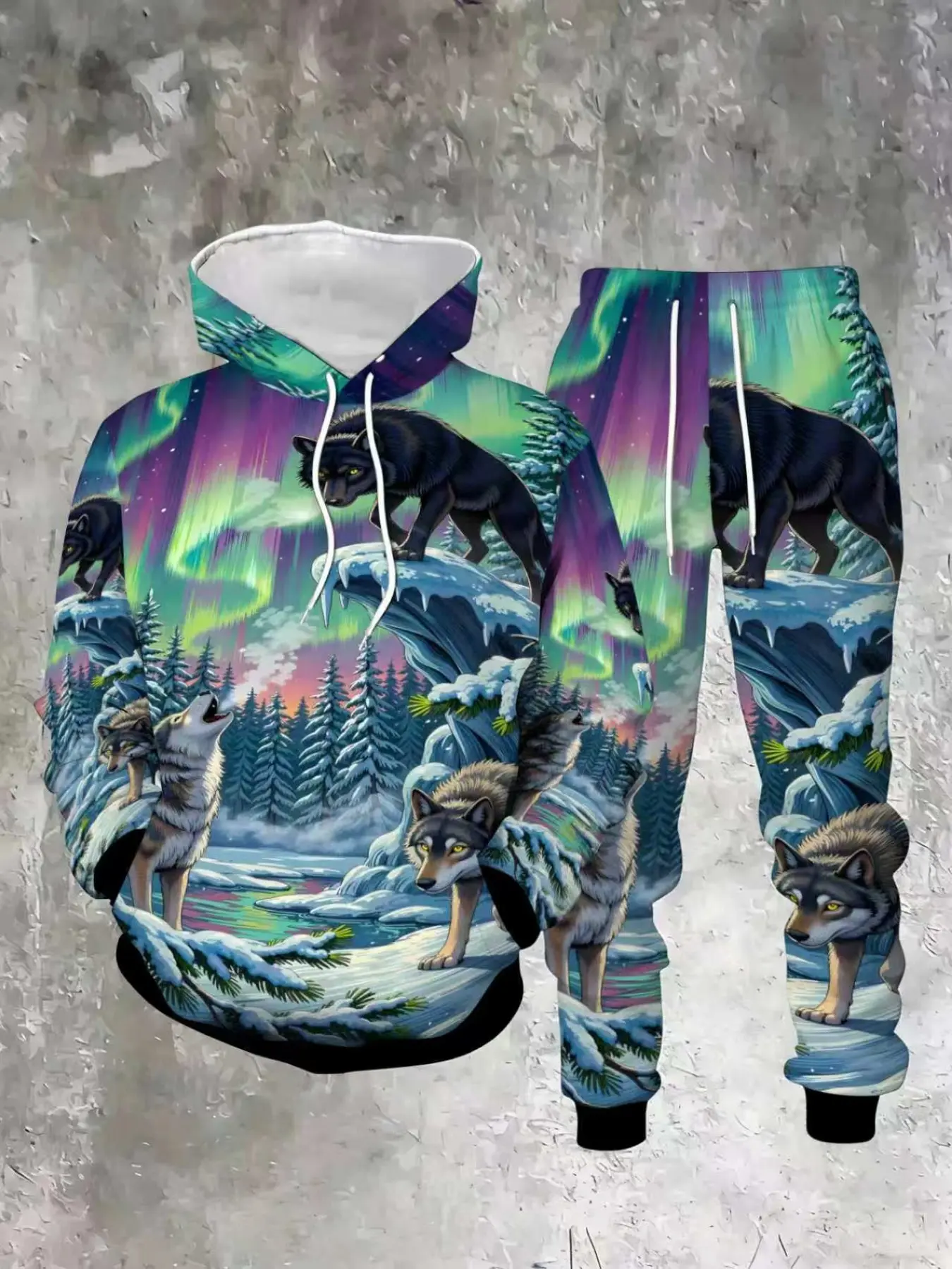 Men's Hooded Sweatshirt Set, Aurora Wolf Snow Forest 3D Print, Long Sleeve Drop Waist Pants, Fall Winter Casual Streetwear