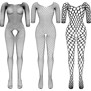 3 Packs Women Fishnet Bodysuits Mesh BodyStocking Fishnet Lingerie Long Sleeve Bodysuits One Piece JumpsuitGift.