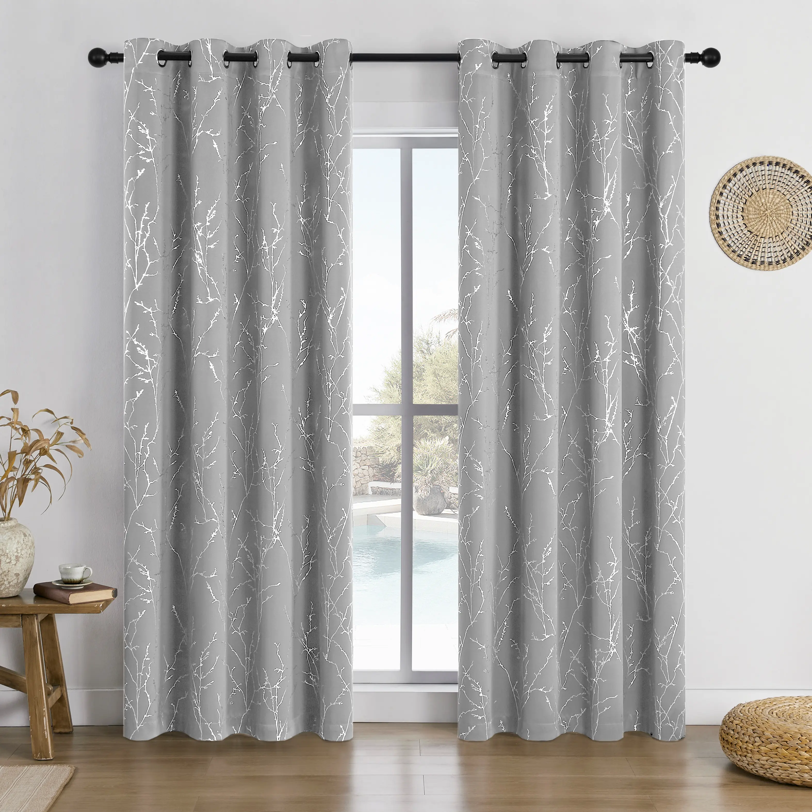 Dark Grey Silver Tree Branch Blackout Curtains, Metallic Foil Print Window Drapes for Bedroom Living Room Home Decor, 2 Panels
