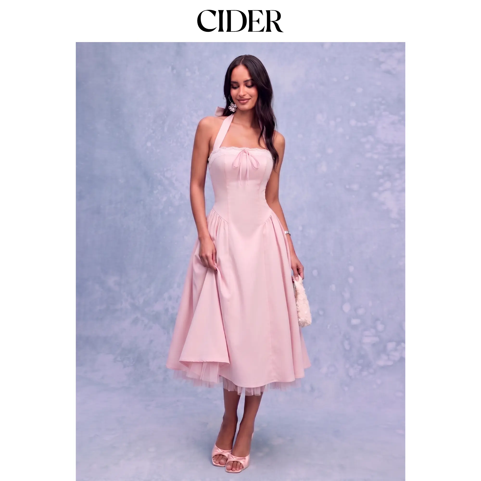 Cider Satin Halter Neckline Bowknot Lace Trim Draped Milkmaid Midi Dress