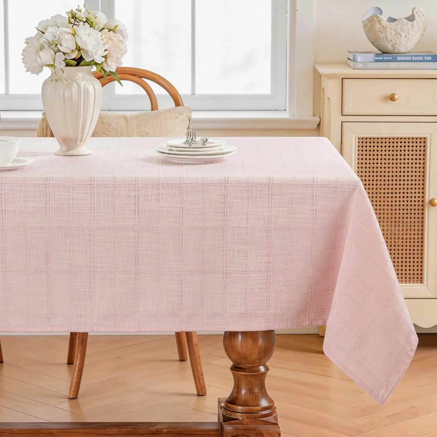 Alsoo Light Pink Table Cloth Rectangle, Woven Checkered Tablecloth, Heavy Duty Linen Style Neutral Farmhouse Plaid Table Cover for Dining Outdoor Party, Wrinkle Free, Spill Resistant, 60" x 75"